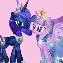 Size: 400x400 | Tagged: safe, derpibooru import, edit, princess luna, twilight sparkle, twilight sparkle (alicorn), alicorn, crystal pony, pony, alternate hairstyle, big crown thingy, crystallized, element of magic, female, jewelry, lesbian, regalia, shipping, twiluna