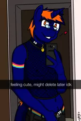 Size: 1876x2816 | Tagged: suggestive, artist:cobaltblaze93, artist:fenixthefox93, derpibooru import, oc, oc:cobalt blaze, unofficial characters only, anthro, unicorn, armband, clothes, collar, fishnets, four fingers, glasses, male, midriff, mobile phone, pansexual pride flag, phone, pride, pride flag, pubic fluff, selfie, smartphone, smiling, snapchat