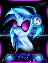 Size: 1024x1349 | Tagged: safe, artist:toxicartiststudio, derpibooru import, vinyl scratch, pony, unicorn, bust, headphones, mixing console, portrait, turntable