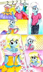 Size: 1139x1885 | Tagged: safe, artist:liaaqila, derpibooru import, oc, oc:azure/sapphire, equestria girls, clothes, comic, crossdressing, dress, dressing, femboy, makeover, male, traditional art, zipper