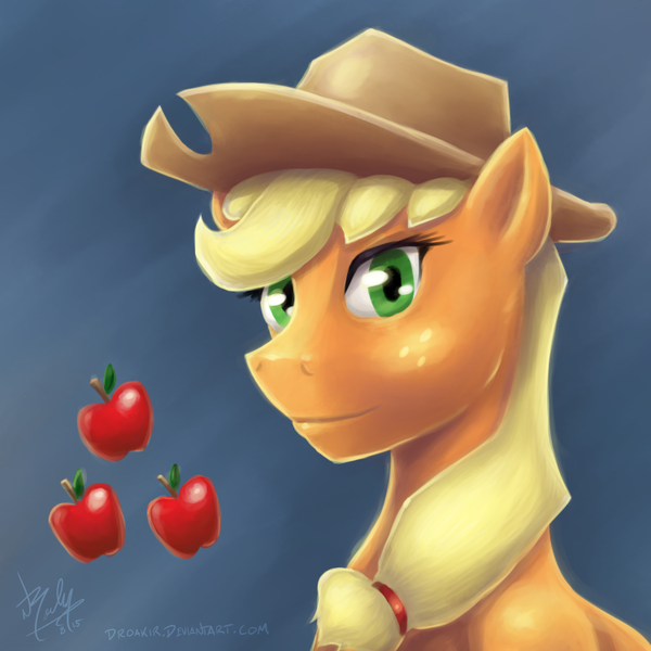 Size: 750x750 | Tagged: safe, artist:droakir, derpibooru import, applejack, earth pony, pony, bust, cowboy hat, female, hat, mare, portrait, solo