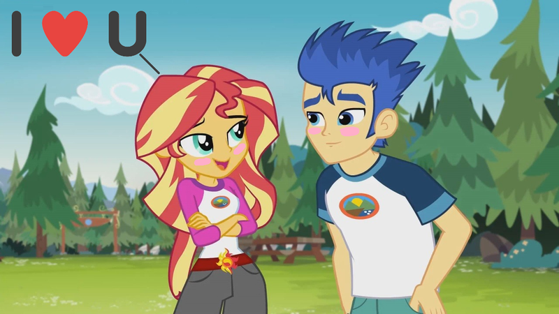 Size: 1280x720 | Tagged: safe, derpibooru import, edit, edited screencap, screencap, flash sentry, sunset shimmer, equestria girls, legend of everfree, female, flashimmer, i love you, male, shipping, straight