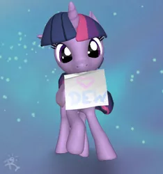 Size: 440x471 | Tagged: safe, artist:reterica, deleted from derpibooru, derpibooru import, twilight sparkle, twilight sparkle (alicorn), oc, oc:moonbow dew, alicorn, pony, 3d, 3d model, cute, heart, in love, note, solo, space, text