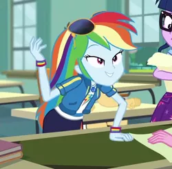 Size: 742x727 | Tagged: safe, derpibooru import, screencap, rainbow dash, sci-twi, twilight sparkle, equestria girls, equestria girls series, the last day of school, cropped, geode of super speed, magical geodes