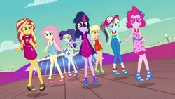 Size: 1920x1080 | Tagged: safe, derpibooru import, screencap, applejack, fluttershy, pinkie pie, rainbow dash, rarity, sci-twi, sunset shimmer, twilight sparkle, equestria girls, equestria girls series, i'm on a yacht, spoiler:eqg series (season 2), alternate hairstyle, clothes, dress, feet, geode of empathy, geode of fauna, geode of shielding, geode of sugar bombs, glasses, humane five, humane seven, humane six, legs, magical geodes, ponytail, sandals, skirt