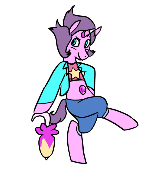 Size: 1500x1800 | Tagged: safe, artist:betlv, derpibooru import, ponified, pony, unicorn, spoiler:steven universe, clothes, colored, crossed legs, crossover, flat colors, four eyes, fusion, gem, gem fusion, horn, male, pose, rainbow quartz 2.0 (steven universe), short hair, short mane, short tail, simple background, solo, spoilers for another series, standing, steven universe, umbrella, white background