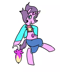 Size: 1500x1800 | Tagged: safe, artist:betlv, derpibooru import, ponified, pony, unicorn, spoiler:steven universe, clothes, colored, crossed legs, crossover, flat colors, four eyes, fusion, gem, gem fusion, horn, male, pose, rainbow quartz 2.0 (steven universe), short hair, short mane, short tail, simple background, solo, spoilers for another series, standing, steven universe, umbrella, white background