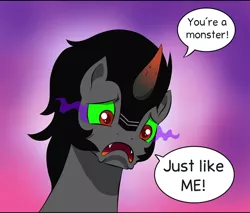 Size: 594x505 | Tagged: safe, artist:doublewbrothers, derpibooru import, king sombra, unicorn, cropped, distraught, fangs, i regret everything, male, open mouth, sad, simple background, solo, speech bubble, stallion, text