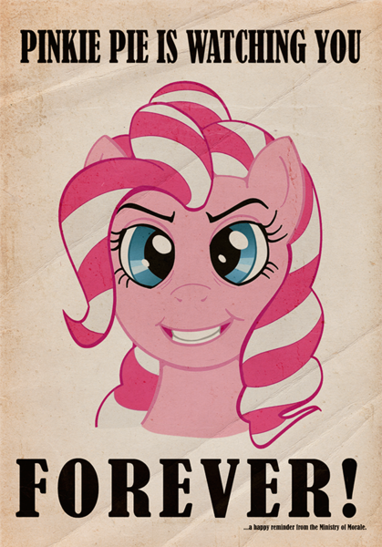 Size: 628x900 | Tagged: safe, artist:droakir, derpibooru import, pinkie pie, earth pony, pony, fallout equestria, fanfic, evil grin, fanfic art, female, forever, grey hair, grin, looking at you, mare, ministry mares, ministry of morale, older, pinkie pie is watching you, poster, propaganda, smiling, solo, teeth, text