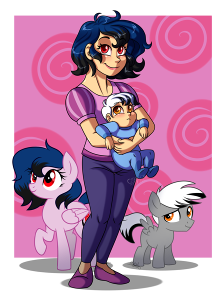 Size: 2600x3500 | Tagged: safe, artist:jack-pie, derpibooru import, oc, oc:cotton rain, oc:diamond coat, oc:stardust, unofficial characters only, human, pegasus, pony, baby, clothes, high res, humanized, pants, raised hoof, smiling