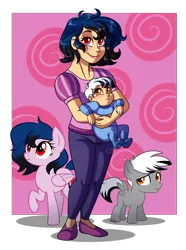 Size: 2600x3500 | Tagged: safe, artist:jack-pie, derpibooru import, oc, oc:cotton rain, oc:diamond coat, oc:stardust, unofficial characters only, human, pegasus, pony, baby, clothes, high res, humanized, pants, raised hoof, smiling