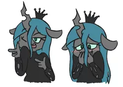 Size: 683x484 | Tagged: adorkable, ambiguous facial structure, anthro, artist:typhwosion, blushing, clothes, crown, cute, cutealis, derpibooru import, dork, dorkalis, eye clipping through hair, finger gun, finger guns, floppy ears, jewelry, no pupils, one eye closed, open mouth, queen chrysalis, regalia, safe, simple background, sweater, turtleneck, white background, wink
