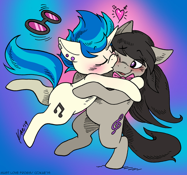 Size: 1000x939 | Tagged: safe, artist:kaemantis, deleted from derpibooru, derpibooru import, octavia melody, vinyl scratch, earth pony, pony, unicorn, bipedal, bipedal leaning, blushing, ear piercing, eyes closed, female, heart, kiss on the cheek, kissing, leaning, lesbian, mare, one eye closed, piercing, scratchtavia, shipping