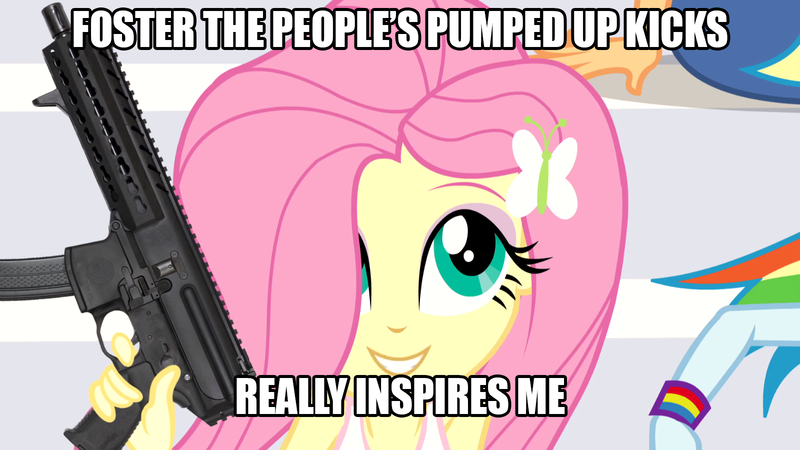 Size: 1600x900 | Tagged: semi-grimdark, artist:dwk, derpibooru import, edit, edited screencap, screencap, fluttershy, totally legit recap, equestria girls, caption, foster the people, gun, image macro, impact font, meme, mpx, no trigger discipline, pumped up kicks, school shooting, solo focus, text, this will end in school shooting, weapon