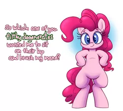 Size: 1550x1400 | Tagged: safe, artist:bellspurgebells, derpibooru import, pinkie pie, earth pony, pony, bipedal, bronybait, colored pupils, cute, diapinkes, female, hooves on hips, mare, question, smiling, solo, talking to viewer, text