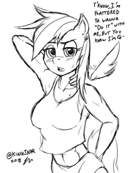 Size: 1236x1600 | Tagged: anthro, arm behind head, armpits, artist:kingjnar, blushing, breasts, busty rainbow dash, derpibooru import, female, floating wings, orientation play, rainbow dash, sexy, sketch, solo, solo female, suggestive, wings