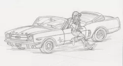 Size: 3052x1653 | Tagged: safe, artist:edhelistar, derpibooru import, sunset shimmer, human, equestria girls, boots, car, clothes, convertible, female, ford mustang, geode of empathy, heeled boots, high heel boots, magical geodes, miniskirt, pencil drawing, shoes, skirt, traditional art, wip