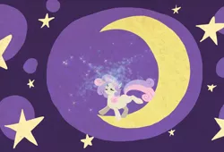 Size: 1274x868 | Tagged: safe, artist:zaphy1415926, derpibooru import, sweetie belle, pony, unicorn, abstract background, crescent moon, eyes closed, female, filly, hush now quiet now, moon, on the moon, open mouth, singing, solo, sparkles, transparent moon