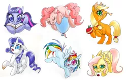 Size: 1024x643 | Tagged: safe, artist:zaphy1415926, derpibooru import, applejack, fluttershy, pinkie pie, rainbow dash, rarity, twilight sparkle, earth pony, insect, ladybug, pegasus, pony, unicorn, apple, balloon, book, cute, dirty, eyes closed, female, filly, floating, floppy ears, food, freckles, lasso, mane six, muddy hooves, obligatory apple, rope, simple background, then watch her balloons lift her up to the sky, white background