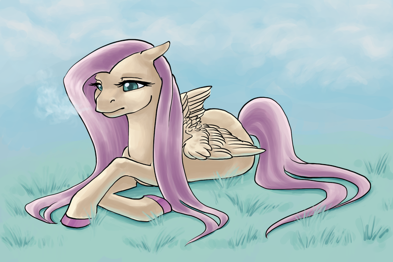 Size: 1800x1200 | Tagged: safe, artist:zaphy1415926, derpibooru import, fluttershy, pegasus, pony, cold, female, floppy ears, grass, lidded eyes, mare, melancholy, prone, solo