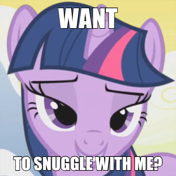 Size: 600x600 | Tagged: safe, derpibooru import, edit, edited screencap, screencap, twilight sparkle, pony, unicorn, bedroom eyes, bronybait, caption, cute, image macro, looking at you, meme, smiling, snuggles?, solo, text, twiabetes, unicorn twilight