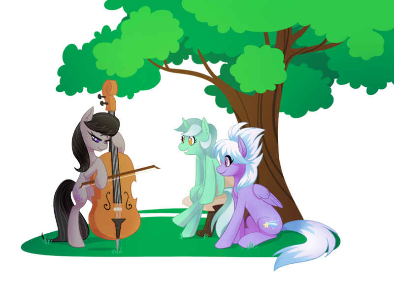 Size: 1280x931 | Tagged: safe, artist:zaphy1415926, derpibooru import, cloudchaser, lyra heartstrings, octavia melody, earth pony, pegasus, pony, unicorn, cello, commission, cutie mark, eyes closed, female, mare, musical instrument, performance, seat, simple background, sitting, smiling, solo, transparent background, tree