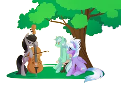 Size: 1280x931 | Tagged: safe, artist:zaphy1415926, derpibooru import, cloudchaser, lyra heartstrings, octavia melody, earth pony, pegasus, pony, unicorn, cello, commission, cutie mark, eyes closed, female, mare, musical instrument, performance, seat, simple background, sitting, smiling, solo, transparent background, tree