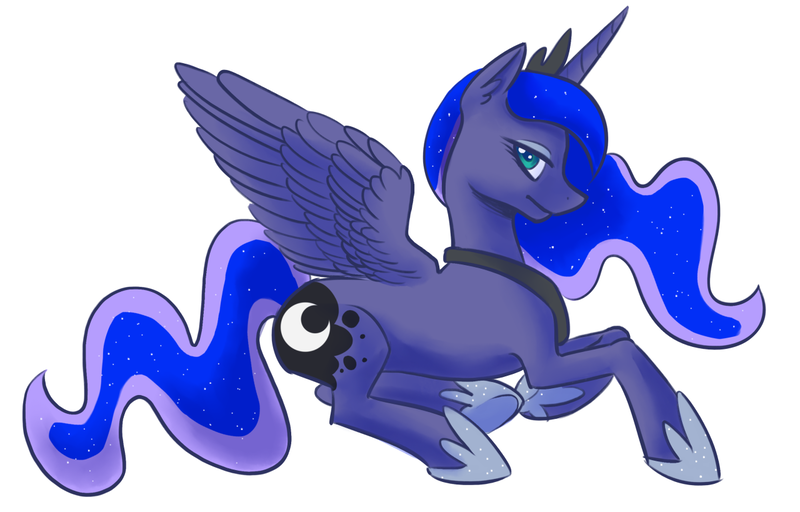 Size: 1280x819 | Tagged: safe, artist:zaphy1415926, derpibooru import, princess luna, alicorn, pony, cutie mark, ethereal mane, female, jewelry, lidded eyes, looking at you, mare, profile, prone, regalia, simple background, solo, spread wings, starry mane, white background, wings