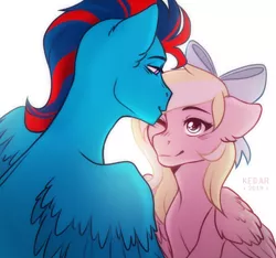 Size: 770x722 | Tagged: safe, artist:kedar, derpibooru import, oc, oc:andrew swiftwing, oc:bay breeze, unofficial characters only, pegasus, pony, blushing, bow, couple, cute, female, forehead kiss, hair bow, kissing, lidded eyes, looking at each other, male, multicolored hair, one eye closed, shipping, smiling, spread wings, swiftbreeze, wings