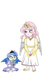 Size: 720x1280 | Tagged: artist:tsundra, baby, celestia is not amused, cewestia, child, derpibooru import, female, filly, horn, horned humanization, human, humanized, pacifier, pink-mane celestia, princess celestia, princess luna, safe, siblings, sisters, unamused, winged humanization, wings, woona, younger