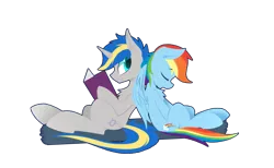 Size: 2600x1600 | Tagged: safe, artist:l8lhh8086, derpibooru import, rainbow dash, oc, oc:dopami korpela, pony, back to back, book, canon x oc, dopadash, female, male, shipping, simple background, sleeping, straight, transparent background