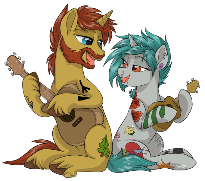 Size: 1600x1409 | Tagged: safe, artist:lostinthetrees, derpibooru import, oc, unofficial characters only, pony, unicorn, female, guitar, male, mare, musical instrument, nose piercing, nose ring, piercing, simple background, stallion, tattoo, transparent background, ukulele