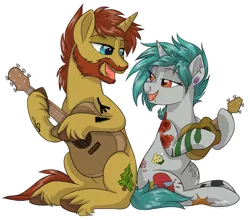 Size: 1600x1409 | Tagged: safe, artist:lostinthetrees, derpibooru import, oc, unofficial characters only, pony, unicorn, female, guitar, male, mare, musical instrument, nose piercing, nose ring, piercing, simple background, stallion, tattoo, transparent background, ukulele