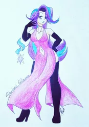 Size: 1231x1764 | Tagged: safe, artist:risu-steilsson, derpibooru import, starlight glimmer, human, equestria girls, breasts, clothes, dress, female, humanized, light skin, solo, traditional art