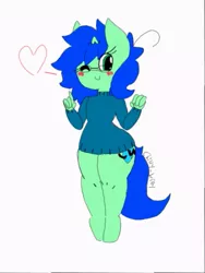 Size: 385x512 | Tagged: anthro, artist:chillywilly, bottomless, clothes, derpibooru import, femboy, heart, male, oc, oc:chilly willy, one eye closed, partial nudity, safe, simple background, solo, sweater, thighs, thunder thighs, unguligrade anthro, wink