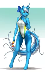 Size: 2954x4750 | Tagged: safe, artist:mykegreywolf, derpibooru import, oc, oc:snow sailor, unofficial characters only, anthro, unguligrade anthro, unicorn, anthro oc, bow, breasts, clothes, female, hair bow, high-cut clothing, mare, one-piece swimsuit, open mouth, rule 63, solo, sports swimsuit, sunglasses, swimsuit