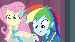 Size: 1280x720 | Tagged: safe, derpibooru import, screencap, fluttershy, rainbow dash, equestria girls, equestria girls series, stressed in show, animation error, geode of fauna, geode of super speed, magical geodes, reading, what the fuck am i reading