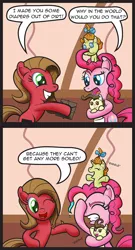 Size: 862x1600 | Tagged: safe, artist:gray--day, derpibooru import, pinkie pie, pound cake, pumpkin cake, oc, oc:pun, earth pony, pony, ask pun, ask, baby, baby pony, bad pun, box, colt, comic, diaper, eyes closed, facehoof, female, filly, male, mare, pinkie pie is not amused, pun, unamused