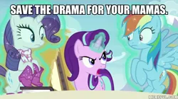 Size: 600x337 | Tagged: safe, derpibooru import, edit, edited screencap, screencap, rainbow dash, rarity, starlight glimmer, pony, the end in friend, caption, image macro, meme, text