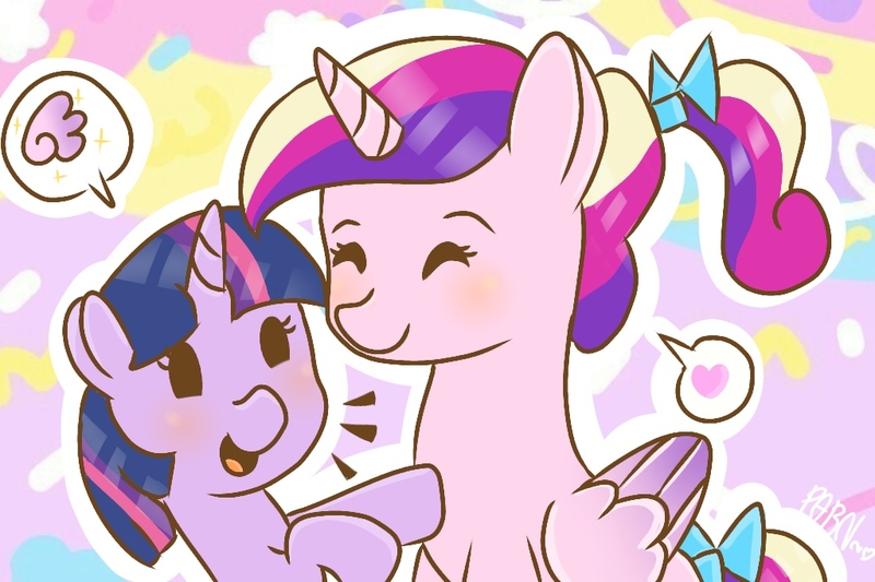 Size: 1024x682 | Tagged: safe, artist:parn, derpibooru import, princess cadance, twilight sparkle, twilight sparkle (alicorn), alicorn, pony, unicorn, chibi, cute, cutedance, female, filly, filly cadance, filly twilight sparkle, heart, sister, talking, twiabetes, unicorn twilight, wings, younger