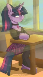 Size: 1181x2126 | Tagged: safe, artist:shadowreindeer, derpibooru import, twilight sparkle, semi-anthro, unicorn, alternate hairstyle, chest fluff, choker, clothes, collar, cute, cutie mark collar, female, mare, pantyhose, plaid skirt, pleated skirt, ponytail, school uniform, sitting, skirt, solo, unicorn twilight