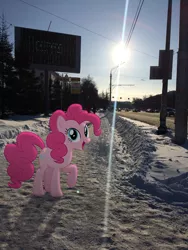 Size: 2448x3264 | Tagged: safe, artist:albertuha, artist:illumnious, derpibooru import, pinkie pie, earth pony, pony, female, hooves, irl, mare, photo, ponies in real life, raised hoof, smiling, snow, solo, winter