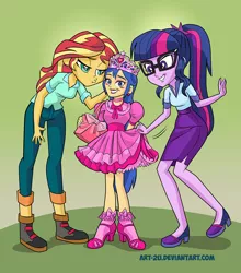 Size: 1096x1245 | Tagged: safe, artist:art-2u, derpibooru import, flash sentry, sci-twi, sunset shimmer, twilight sparkle, oc, oc:felicity sentry, equestria girls, amazon, blushing, choker, clothes, commissioner:shortskirtsandexplosions, crossdressing, dress, ear piercing, earring, female, femboy, frilly dress, girly sentry, grin, high heels, jewelry, kissy face, larger female, male, not rule 63, piercing, pink dress, shoes, size difference, smaller male, smiling, tiara