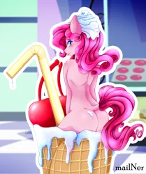 Size: 2418x2891 | Tagged: suggestive, artist:mailner, derpibooru import, pinkie pie, anthro, earth pony, pony, ass, blushing, butt, cafe, cherry, cute, dock, female, food, ice cream, looking at you, looking back, looking back at you, milkshake, nudity, solo, solo female, tiny, tiny ponies, tongue out