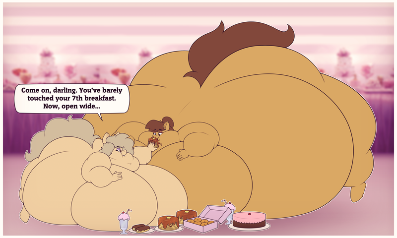 Size: 6000x3600 | Tagged: absurd resolution, anthro, anthro oc, artist:stunnerpone, barbie doll anatomy, bbw, belly, belly bed, big belly, big breasts, bingo wings, blob, breasts, butt, cake, chubby cheeks, derpibooru import, dialogue, donut, duo, fat, featureless breasts, feeding, female, females only, food, force feeding, huge belly, huge breasts, huge butt, immobile, impossibly large belly, impossibly large breasts, impossibly large butt, large butt, messy eating, milkshake, morbidly obese, mother and child, mother and daughter, obese, oc, oc:georgia lockheart, oc:hellen lockheart, pancakes, prone, questionable, ssbbw, unguligrade anthro, unofficial characters only, weight gain