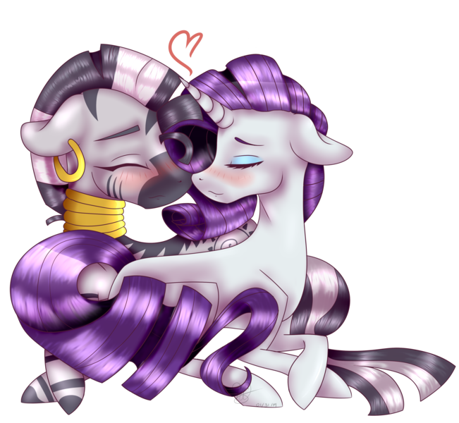 Size: 3493x3217 | Tagged: safe, artist:articfoxdraws, derpibooru import, rarity, zecora, pony, unicorn, zebra, blushing, cute, ear piercing, earring, eyes closed, eyeshadow, female, heart, hooves, interspecies, jewelry, lesbian, makeup, mare, neck rings, nuzzling, piercing, raribetes, raricora, shipping, simple background, transparent background, zecorable