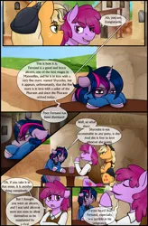 Size: 1280x1947 | Tagged: safe, artist:stuflox, derpibooru import, applejack, berry punch, berryshine, twilight sparkle, twilight sparkle (alicorn), alicorn, pony, comic:the count of monte rainbow, the count of monte rainbow, alcohol, bottle, caderousse, clothes, comic, danglajacks, danglars, glass, mondego, monsparkle, scar, table, the count of monte cristo, wine