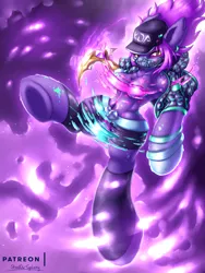 Size: 2250x3000 | Tagged: suggestive, artist:shad0w-galaxy, derpibooru import, oc, unofficial characters only, earth pony, pony, advertisement, akali, armpits, belly, belly button, breasts, censored, clothes, crossover, ear fluff, female, hooves, k-pop, k/da, league of legends, mare, mask, patreon, patreon logo, patreon preview, preview, purple background, raised hoof, simple background, solo, torn clothes, underhoof