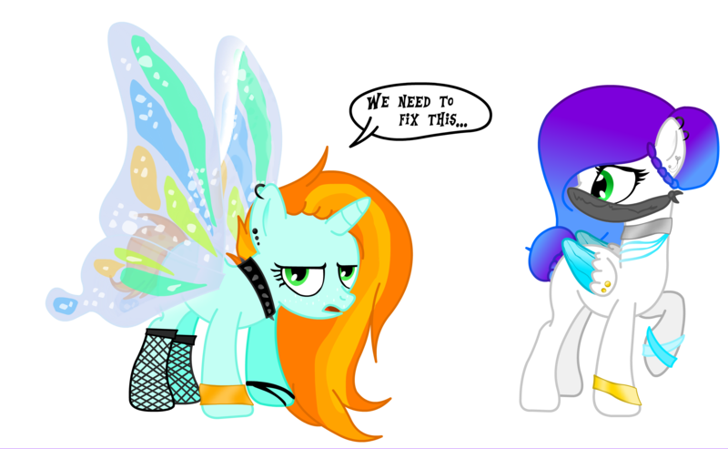 Size: 2830x1744 | Tagged: safe, artist:darktailsko, derpibooru import, oc, oc:fly-bi, oc:streetz, unofficial characters only, pegasus, pony, unicorn, bandage, bracelet, butterfly wings, choker, ear piercing, earring, female, fishnets, jewelry, mare, necklace, open mouth, piercing, raised hoof, simple background, solo, spiked choker, transparent background, wing piercing, wings, wristband