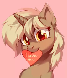 Size: 2562x3000 | Tagged: safe, artist:lispp, derpibooru import, oc, oc:honey bee, unofficial characters only, pony, unicorn, bust, chest fluff, commission, female, heart, holiday, i love you, looking at you, mare, mouth hold, pink background, portrait, simple background, solo, valentine's day, ych result